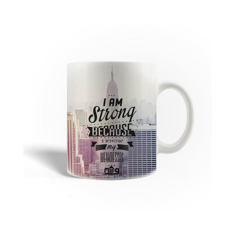 Tailorly White Ceramic 11 oz Mug - I Am Strong Because I Know My Weaknesses Modern Urban Cityscape Featuring Towering Skyscrapers With A Hazy Atmospheric Skyline