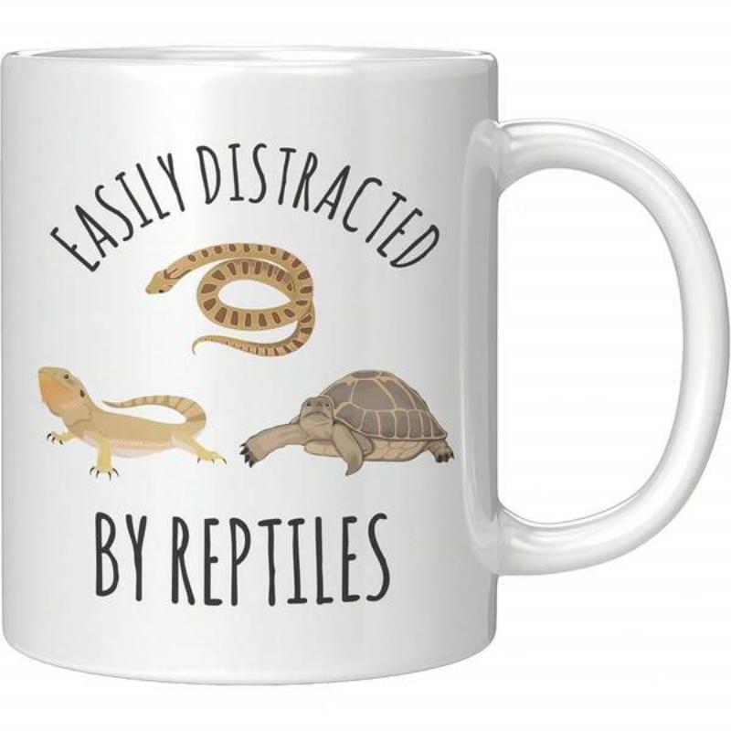 Tailorly White Ceramic 11 oz Mug - Easily Distracted By Reptiles Hand Drawn Desert Snake And Crawling Lizard With Slow Turtle Among Reptiles