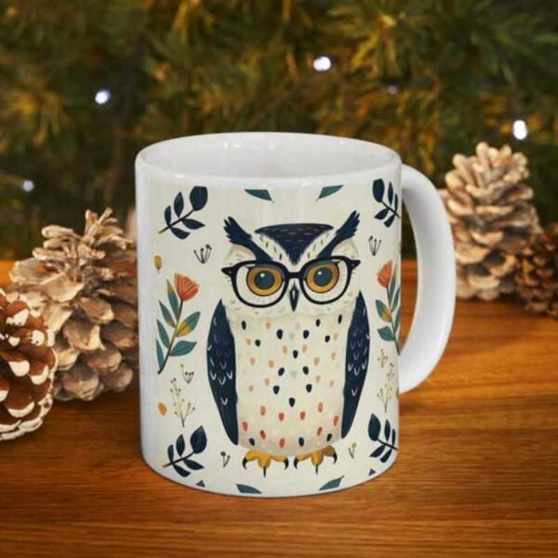 Tailorly White Ceramic 11 oz Mug - Whimsical Smart Owl Wearing Glasses Amidst Stylized Folk Art Floral Elements Owl