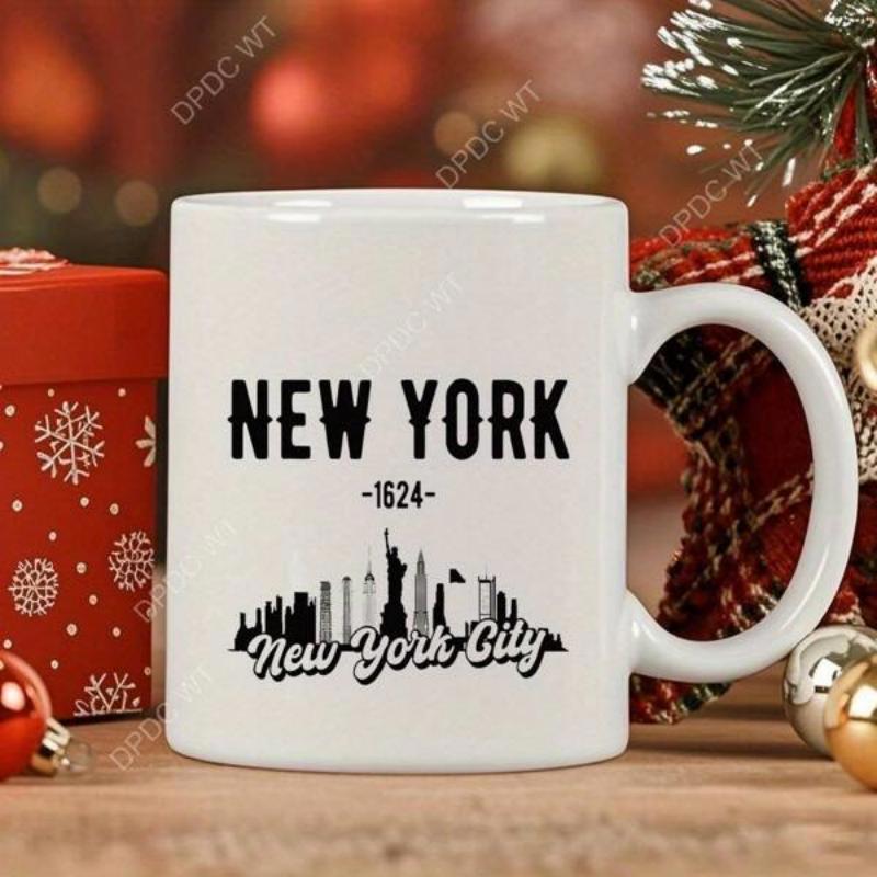 Tailorly White Ceramic 11 oz Mug - New York New York City Detailed Urban Architecture Featuring Iconic Statue Of Liberty Silhouette Skyline