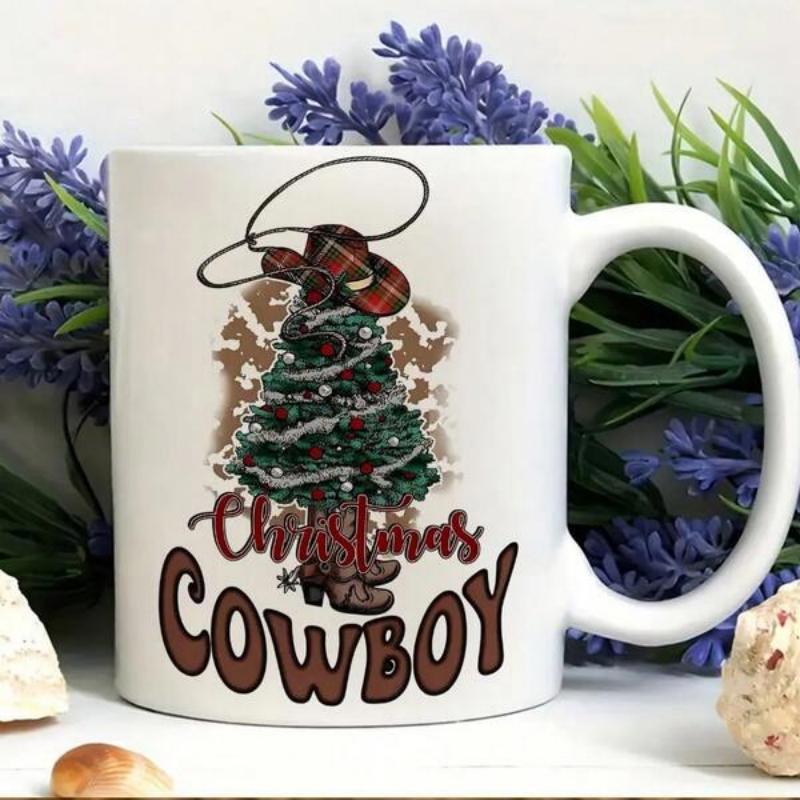 Tailorly White Ceramic 11 oz Mug - Christmas Cowboy Festive Evergreen Decorated With Plaid Hat And Western Boots Under Lasso Tree