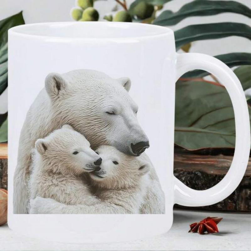 Tailorly White Ceramic 11 oz Mug - Serene Mother Animal Cuddling Two Small Cubs In Gentle Tender Embrace Polar Bear