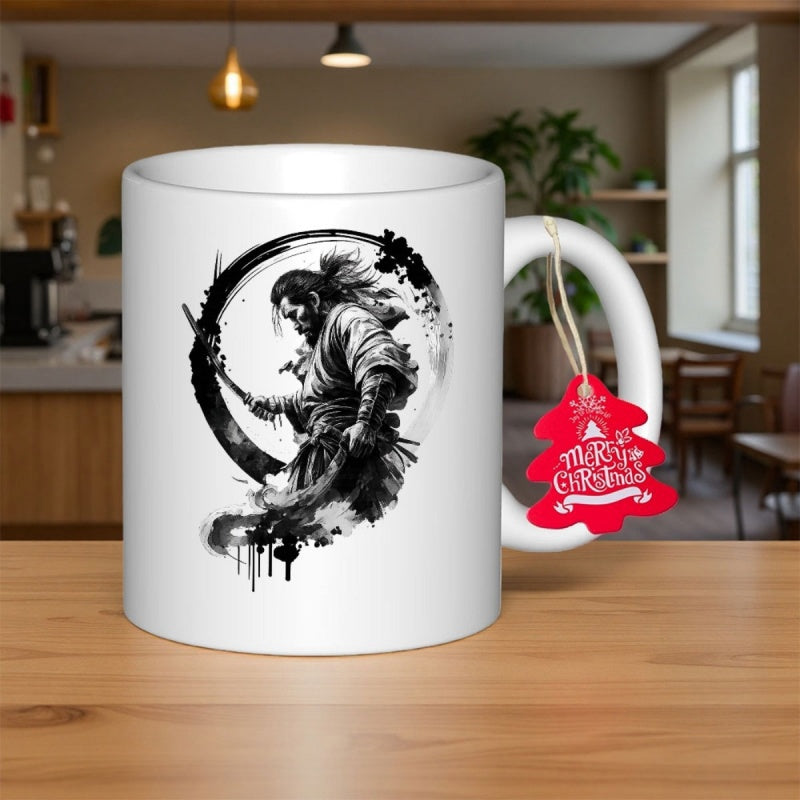 Tailorly White Ceramic 11 oz Mug - Strong Japanese Warrior Holding Sword Inside Traditional Ink Circle Silhouette Samurai