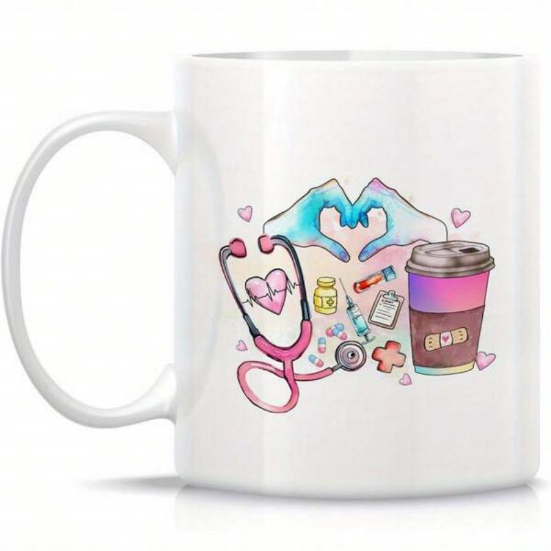 Tailorly White Ceramic 11 oz Mug - Vibrant Watercolor Medical Elements Featuring Heart Hands And Stethoscope