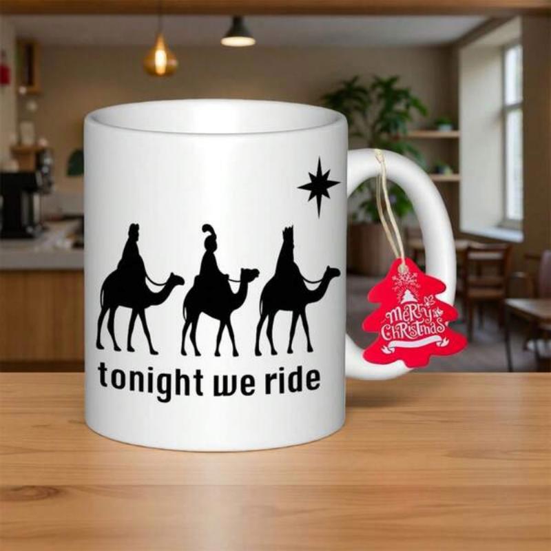 Tailorly White Ceramic 11 oz Mug - Tonight We Ride Three Silhouetted Figures Riding Camels Under Lone Star Camel