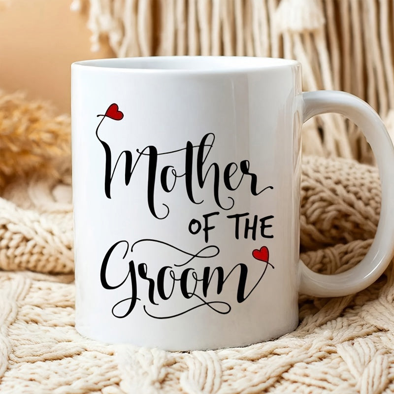 Tailorly White Ceramic 11 oz Mug - Mother Of The Groom Elegant Calligraphy Font Decorated With Minimalist Small Red Heart Accents Mug