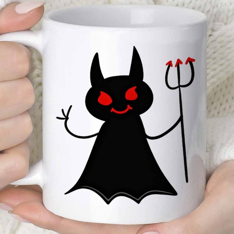 Tailorly White Ceramic 11 oz Mug - Minimalist Cartoon Silhouette With Red Eyes Holding A Sharp Trident Devil