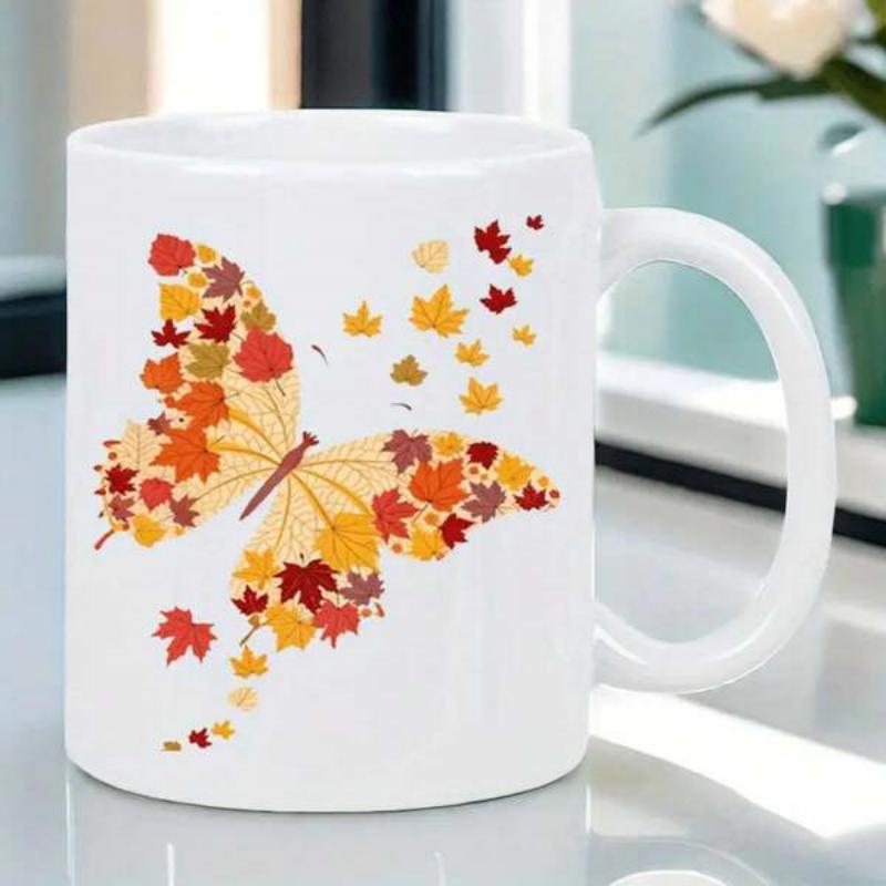 Tailorly White Ceramic 11 oz Mug - Graceful Autumn Leaves Forming A Beautiful Wings Silhouette Dancing Butterfly