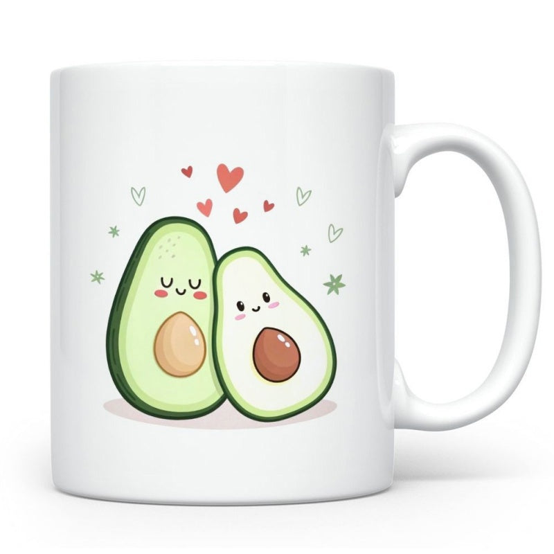 Tailorly White Ceramic 11 oz Mug - Charming Two Half Cut Slices With Smiling Faces And Little Hearts Avocado