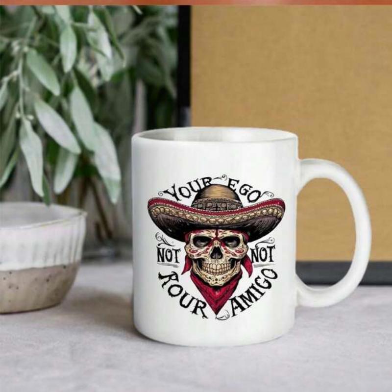 Tailorly White Ceramic 11 oz Mug - Your Ego Is Not Your Amigo Vintage Styled Human Head Wearing Ornate Mexican Sombrero Hat And Bandana Skull