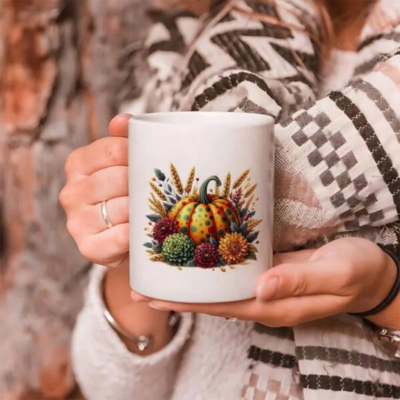 Tailorly White Ceramic 11 oz Mug - Rustic Autumn Harvest With Golden Wheat Sunflowers And Vibrant Floral Pumpkin