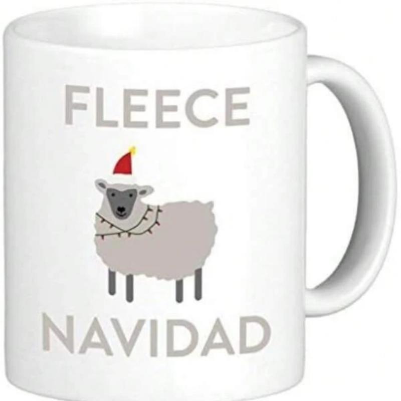 Tailorly White Ceramic 11 oz Mug - Fleece Festive Woolly Lamb Wearing A Red Santa Hat Among Christmas Lights Sheep