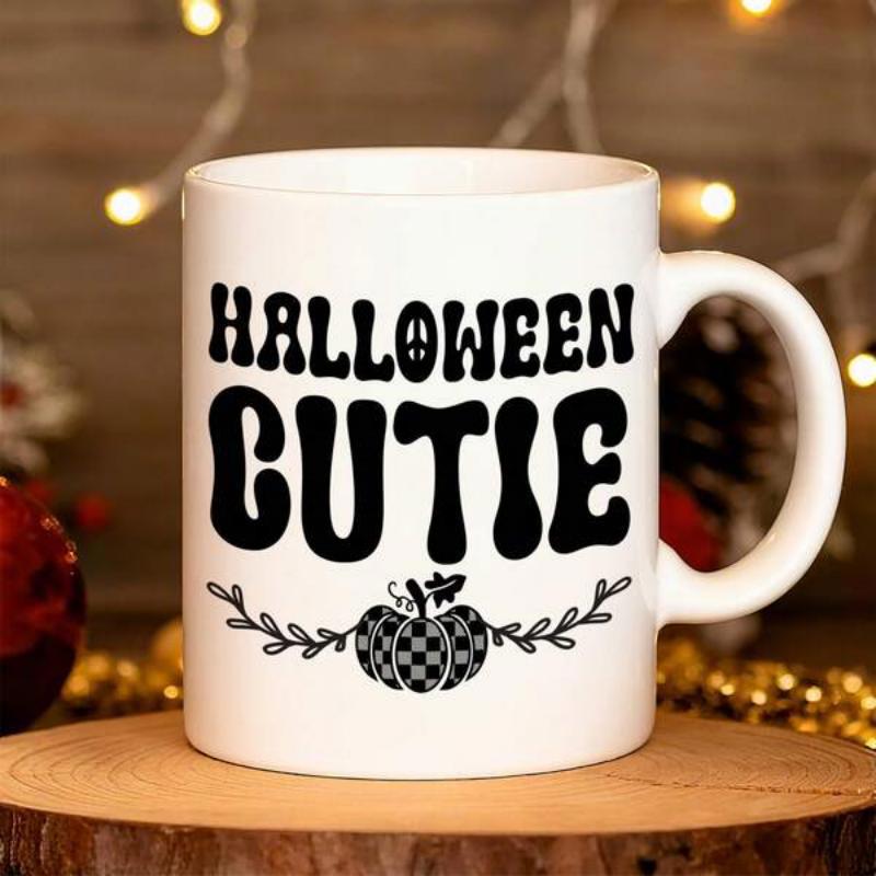 Tailorly White Ceramic 11 oz Mug - Halloween Cutie Plaid Patterned Seasonal Harvest Fruit Surrounded By Delicate Foliage Branches Pumpkin