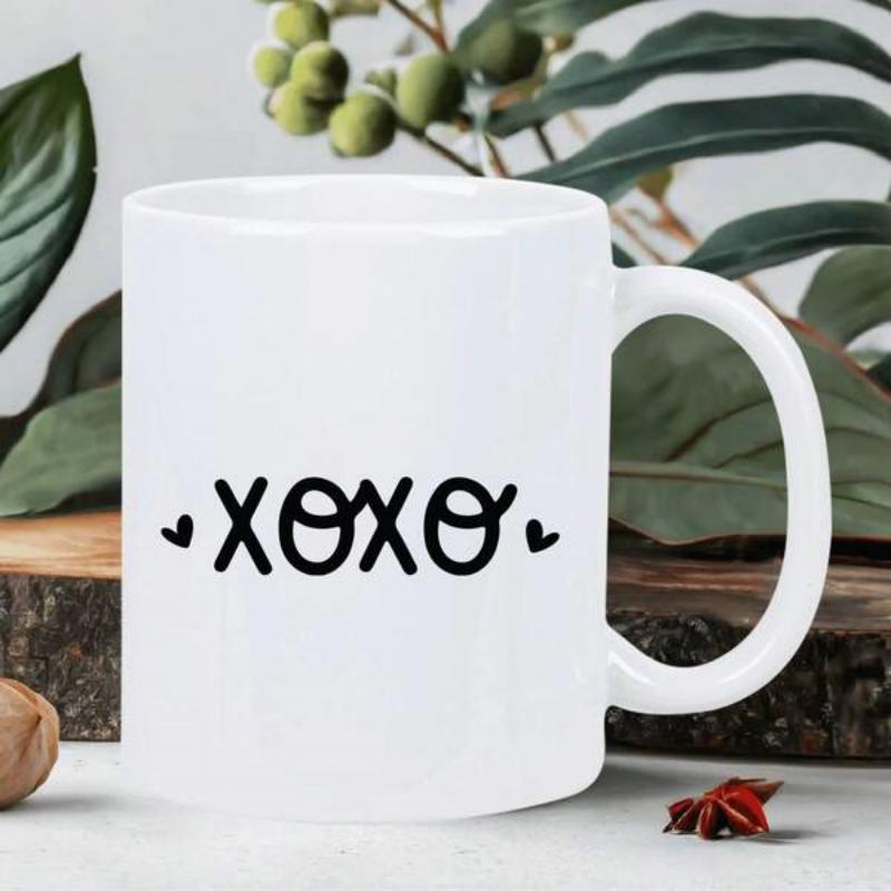 Tailorly White Ceramic 11 oz Mug - Xoxo Minimalist Black Ink Lettering With Small Cute Hearts On