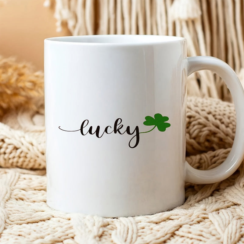 Tailorly White Ceramic 11 oz Mug - Lucky Simple Cursive Text Ending In A Delicate Green Shamrock Clover