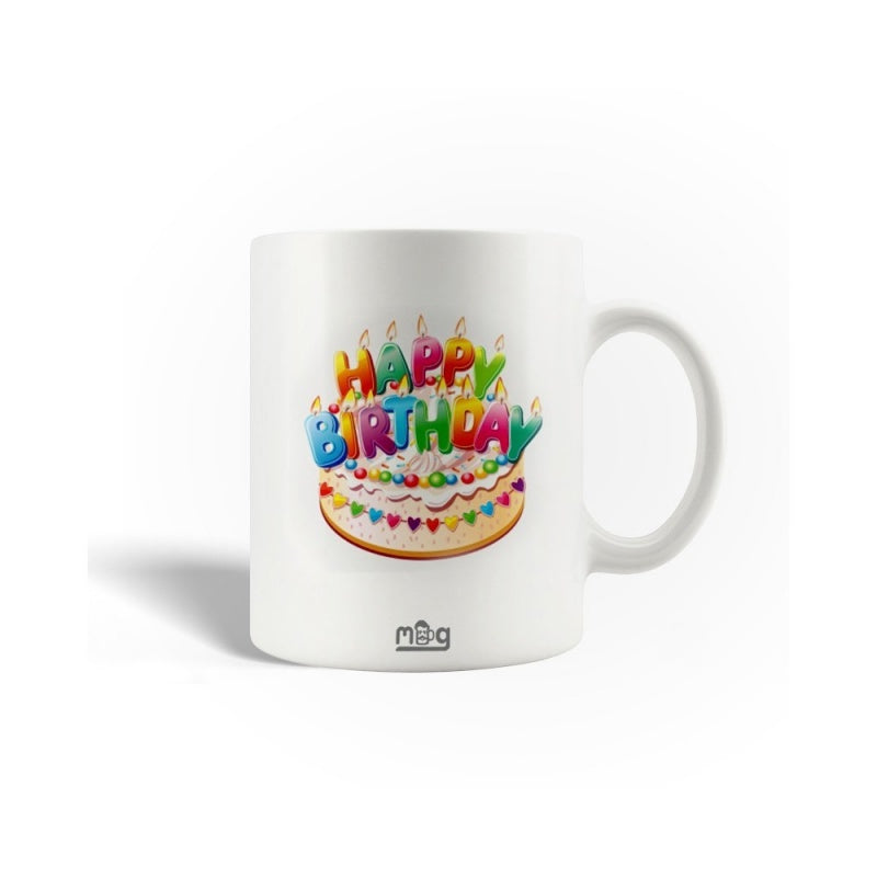 Tailorly White Ceramic 11 oz Mug - Happy Birthday Colorful 3D Lettering Resting Atop A Delicious Celebration Creamy Heart Patterned Cake