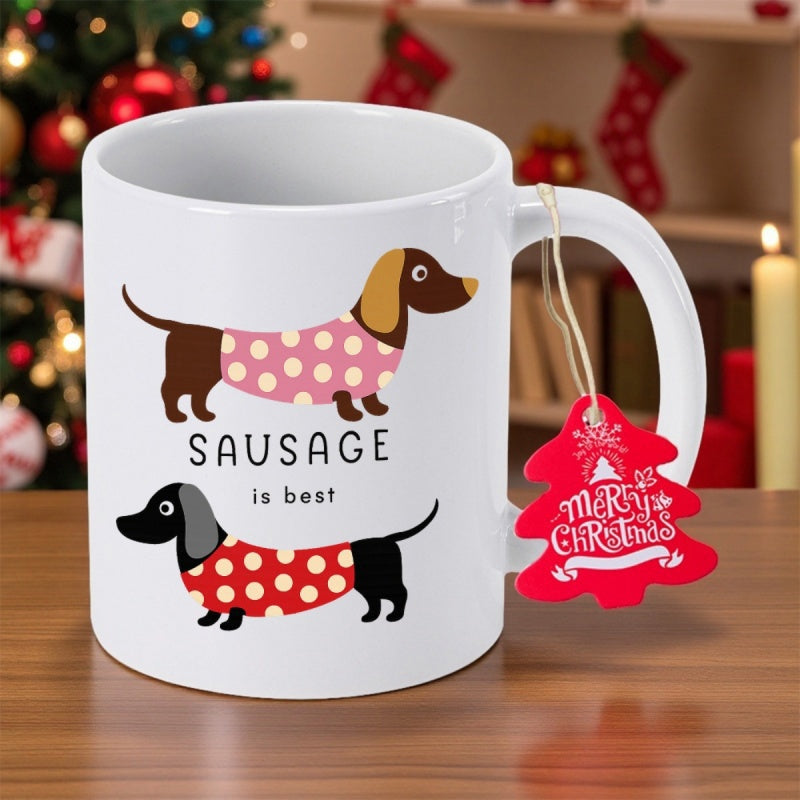 Tailorly White Ceramic 11 oz Mug - Sausage Is Best Adorable Dachshunds Wearing Polka Dot Sweaters In A Playful Illustration Style Dachshund