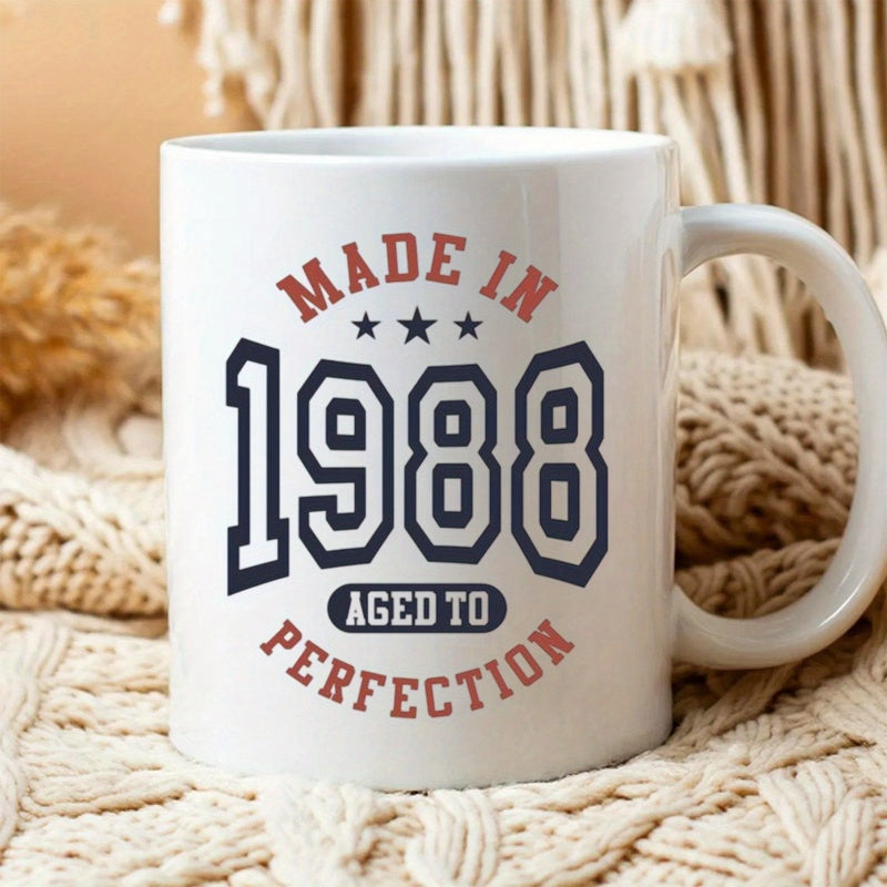 Tailorly White Ceramic 11 oz Mug - Made In 1988 Aged To Perfection Vintage Style Emblem With Three Stars And Bold Varsity Numbers Mug
