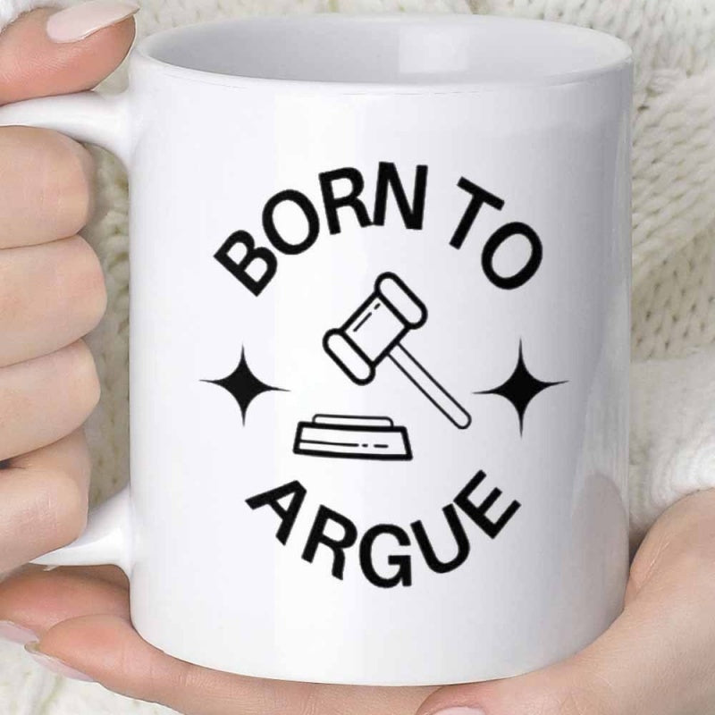 Tailorly White Ceramic 11 oz Mug - Born To Argue Minimalist Justice Symbol Between Two Radiant Shining Stars Gavel