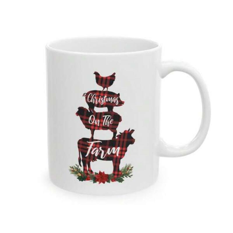 Tailorly White Ceramic 11 oz Mug - Christmas On The Farm Stacked Plaid Animals With Holly And Festive Berries Farm