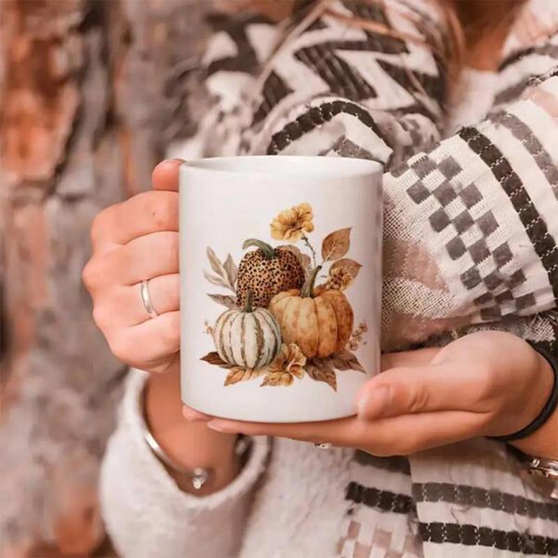 Tailorly White Ceramic 11 oz Mug - Rustic Autumn Pumpkins With Leopard Patterns And Dried Seasonal Foliage Pumpkin