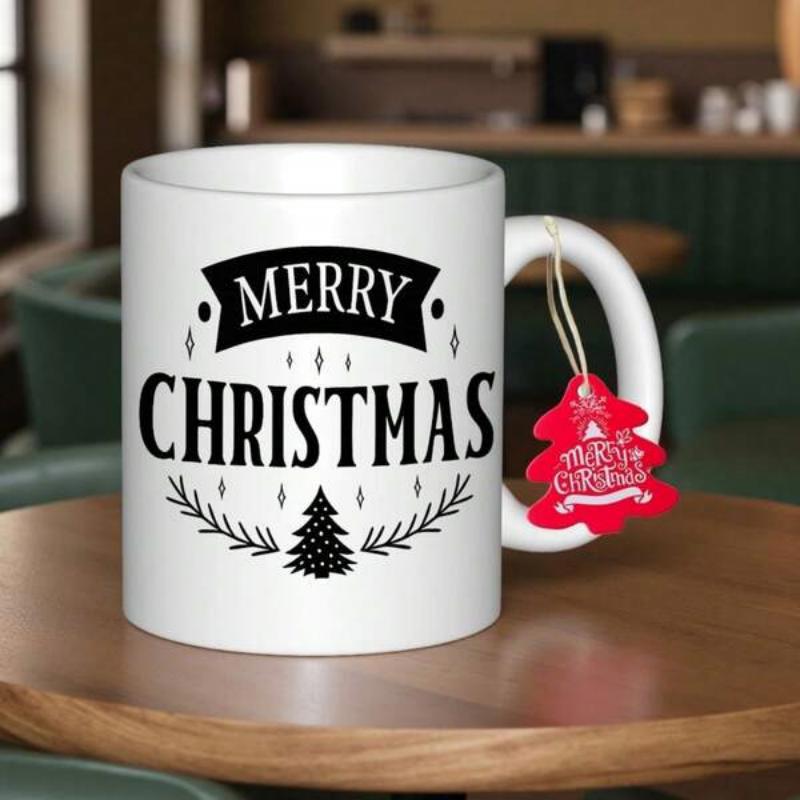 Tailorly White Ceramic 11 oz Mug - Merry Christmas Festive Pine Tree Silhouette With Decorative Wreath Details Tree