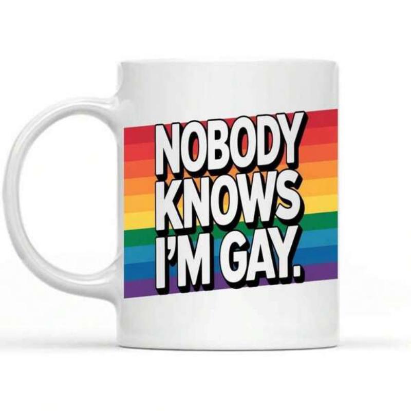 Tailorly White Ceramic 11 oz Mug - Nobody Knows Im Gay Vibrant Diagonal Rainbow Stripes On Smooth White Glossy Ceramic Surface Mug
