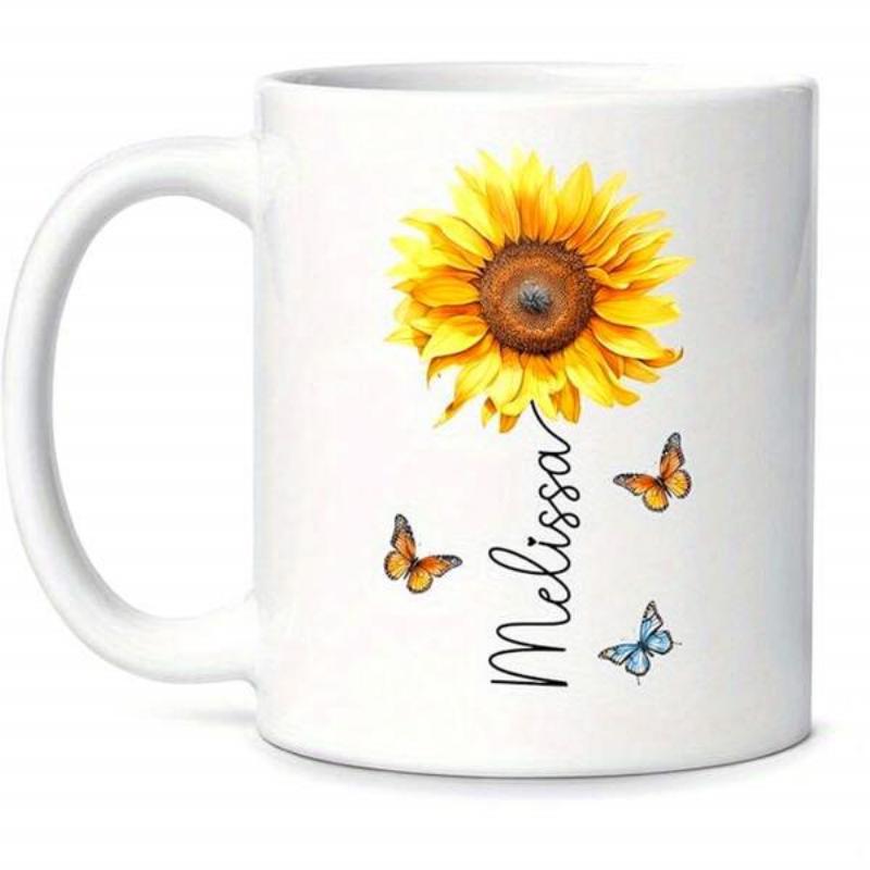Tailorly White Ceramic 11 oz Mug - Melissa Vibrant Yellow Petals With Small Butterflies Dancing Around Long Stem Sunflower