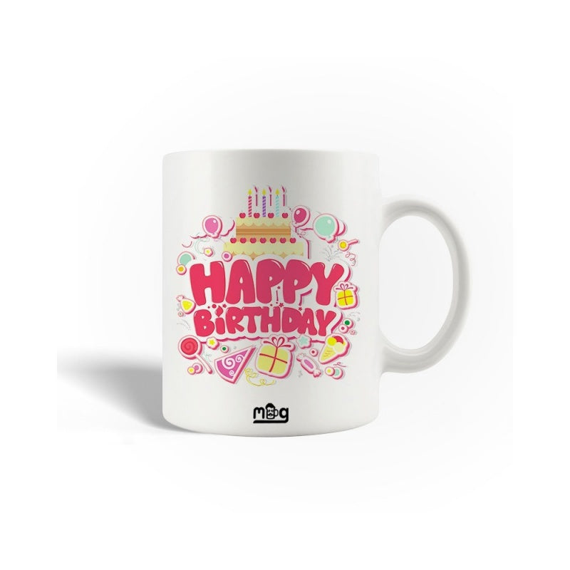 Tailorly White Ceramic 11 oz Mug - Happy Birthday Festive Party Elements Surrounding A Colorful Decorative Sweet Celebration Cake