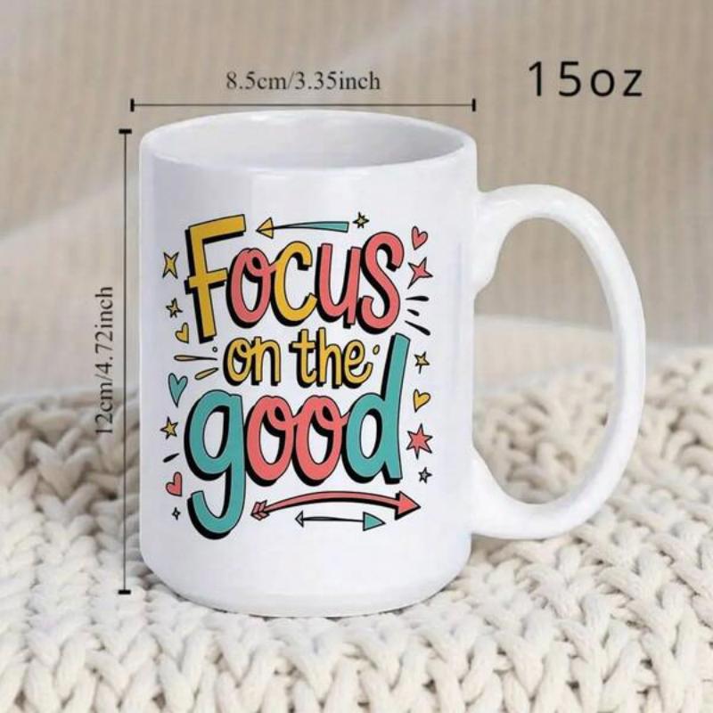 Tailorly White Ceramic 11 oz Mug - Focus On The Good Retro Typography Surrounded By Colorful Hearts Stars And Arrows Mug