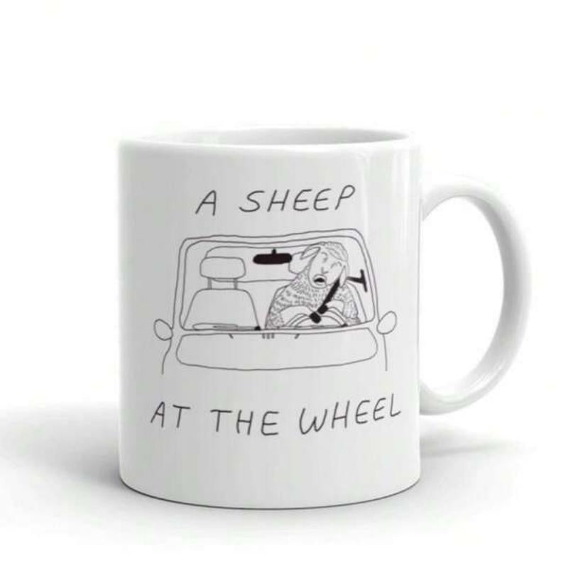 Tailorly White Ceramic 11 oz Mug - A Sheep At The Wheel Minimalist Line Art Sketch Of A Sheep Driving A Modern Car Sheep