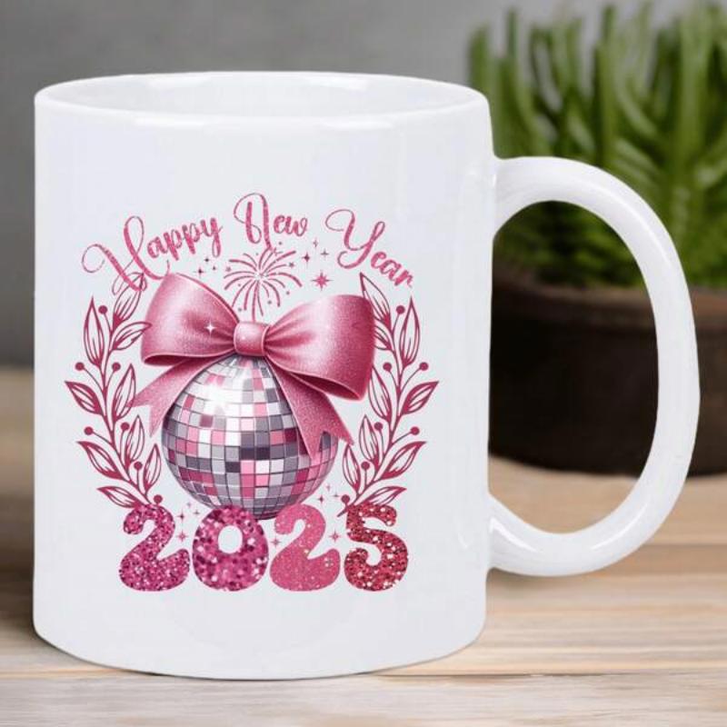 Tailorly White Ceramic 11 oz Mug - Happy New Year 2025 Festive Pink Bow On Shiny Disco Ball With Glitter Numbers Ball