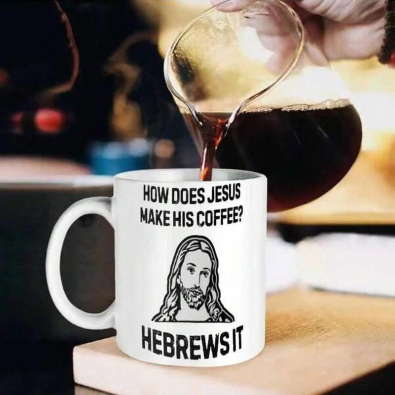 Tailorly White Ceramic 11 oz Mug - How Does Jesus Make His Coffee Hebrews It Stylized Religious Figure Illustration With Simple Black Lines On White Jesus