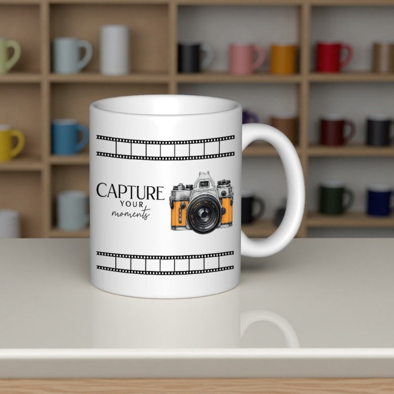 Tailorly White Ceramic 11 oz Mug - Capture Your Moments Vintage Retro Camera Framed By Top And Bottom Classic Film Strips Camera