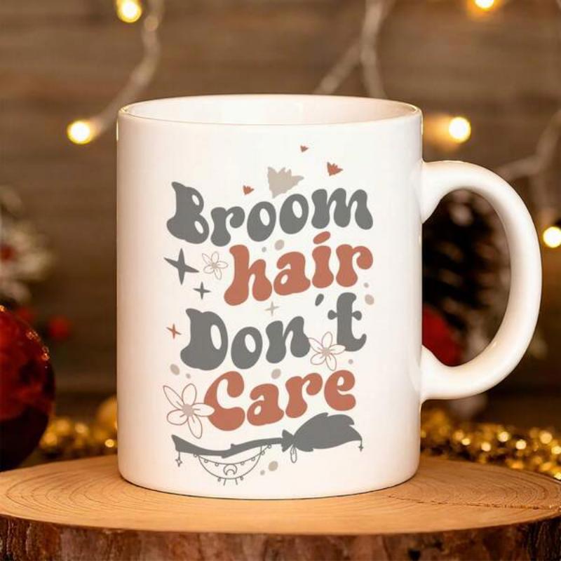 Tailorly White Ceramic 11 oz Mug - Broom Hair Don't Care Witchy Aesthetic Featuring A Flying Broom With Stars And Delicate Flowers Broom
