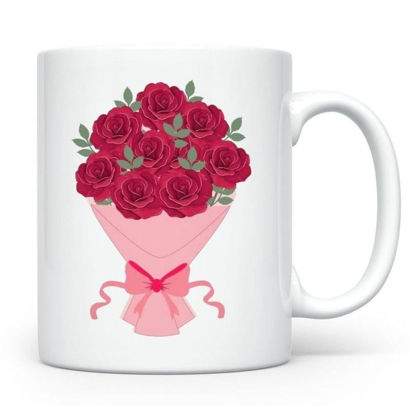 Tailorly White Ceramic 11 oz Mug - Vibrant Red Roses Wrapped In Elegant Pink Paper With A Ribbon Bouquet