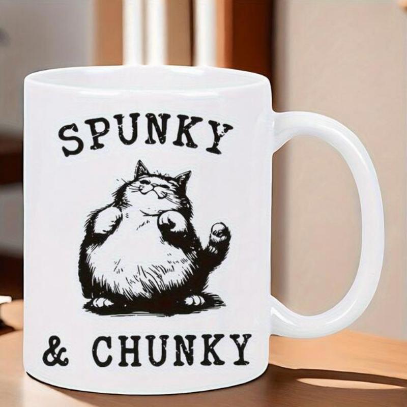 Tailorly White Ceramic 11 oz Mug - Spunky Chunky Adorable Round Black And White Hand Drawn Chubby Domestic Feline Resting Cat