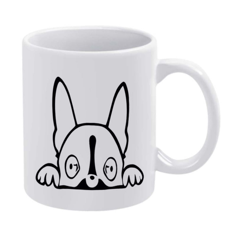 Tailorly White Ceramic 11 oz Mug - Cute Peeking Canine With Large Pointed Ears And Small Paws Boston Terrier