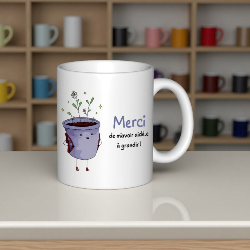 Tailorly White Ceramic 11 oz Mug - Cute Purple Potted Plant With Growing Flowers And Tiny Legs Smiling Pot