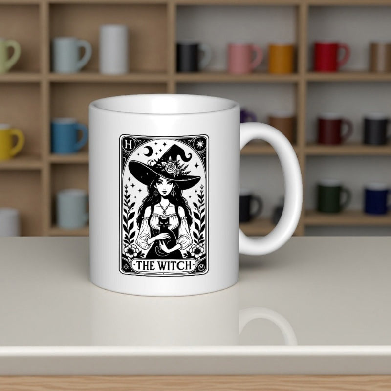 Tailorly White Ceramic 11 oz Mug - The Witch Intricate Black And White Tarot Style Design With Celestial Symbols Witch