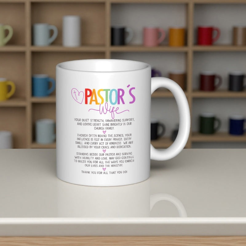 Tailorly White Ceramic 11 oz Mug - Pastor's Wife Vibrant Colorful Letters Featuring Inspirational Message Among Minimalist Delicate Heart Icons Mug