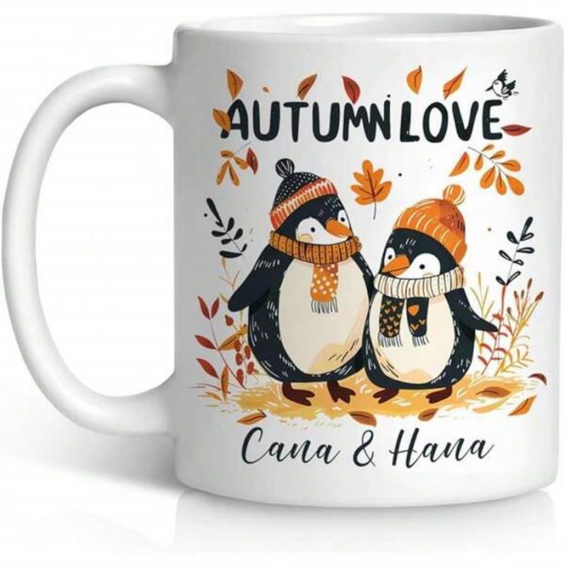 Tailorly White Ceramic 11 oz Mug - Autumn Love Cana Hana Adorable Couple Of Penguins In Winter Gear Among Leaves Penguin