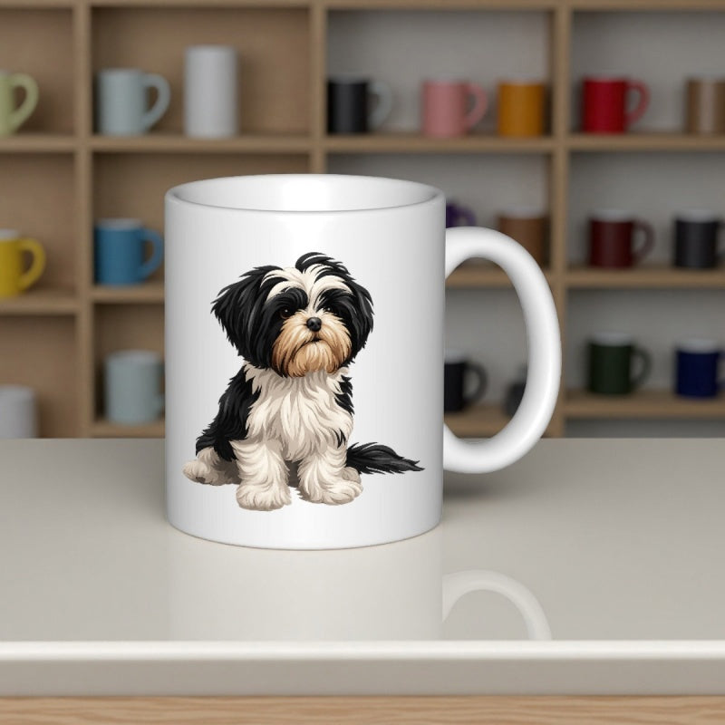 Tailorly White Ceramic 11 oz Mug - Charming Fluffy Black And White Long Haired Shih Tzu Sitting Dog