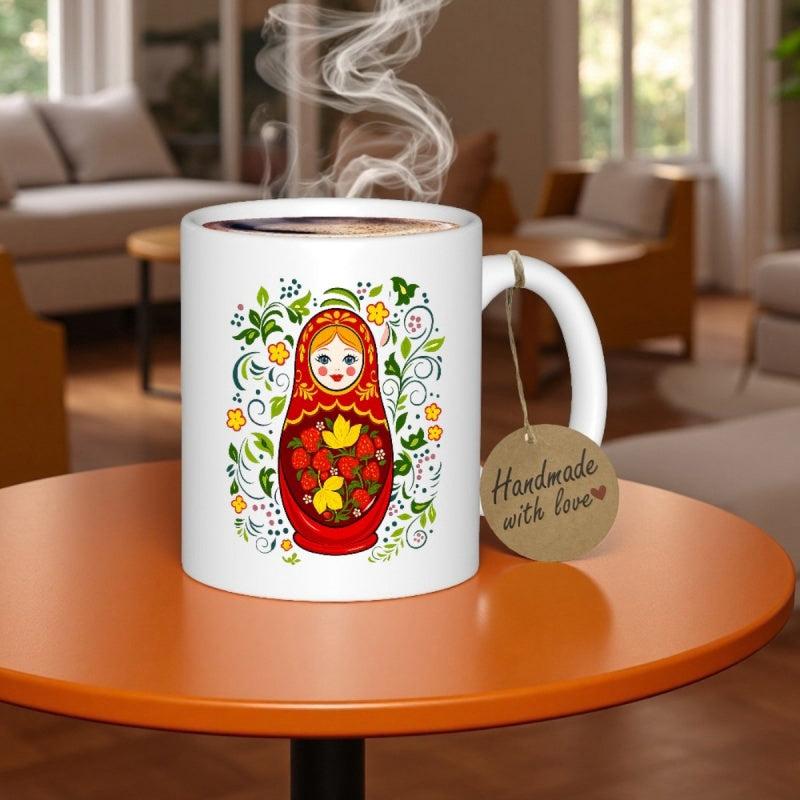 Tailorly White Ceramic 11 oz Mug - Handmade With Love Ornate Traditional Folk Art Pattern Featuring Colorful Floral Vines Doll