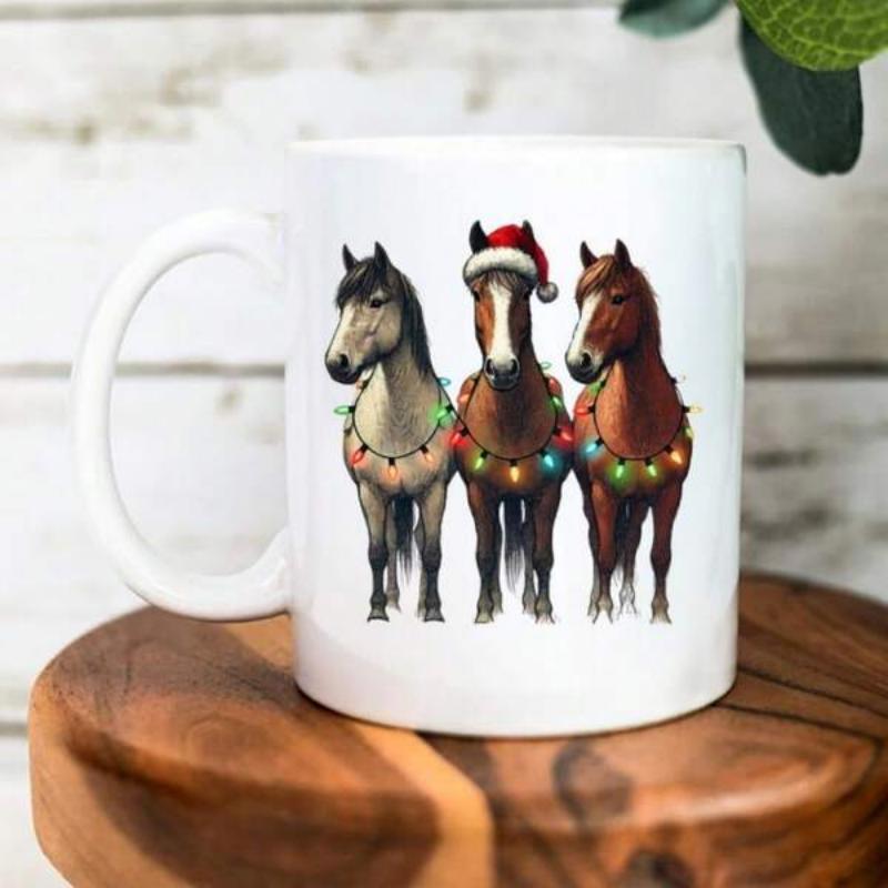 Tailorly White Ceramic 11 oz Mug - Three Festive Stallions Wearing Colorful Christmas String Lights And Santa Hat Horse