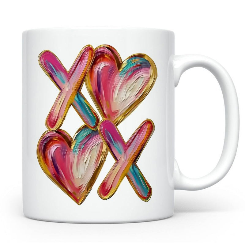 Tailorly White Ceramic 11 oz Mug - XOXO Artistic Brushstrokes With Vibrant Pink And Gold Colors Featuring Romantic Love Heart