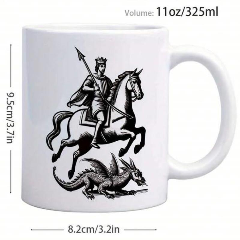 Tailorly White Ceramic 11 oz Mug - Noble Medieval Knight On Horseback Slaying A Fierce Winged Ancient Dragon