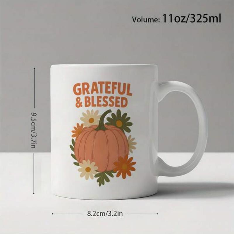 Tailorly White Ceramic 11 oz Mug - Grateful Blessed Artistic Autumn Harvest Scene Featuring Vibrant Flowers And Elegant Textured Pumpkin
