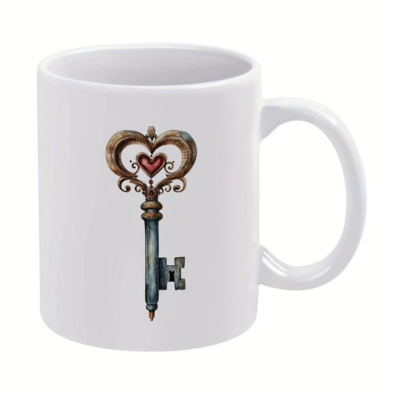 Tailorly White Ceramic 11 oz Mug - Vintage Ornate Metallic Featuring Romantic Heart Designs With Distressed Blue Texture Key