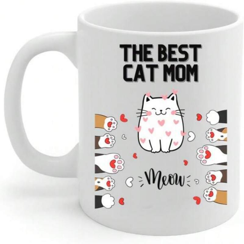 Tailorly White Ceramic 11 oz Mug - The Best Cat Mom Meow Adorable White Kitten Surrounded By Many Colorful Tiny Paws And Hearts Cat